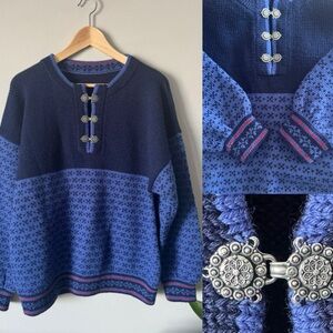 Vintage Scandinavian Nordic telemark Style Knit Jumper Sweater Blue Fair Isle XL